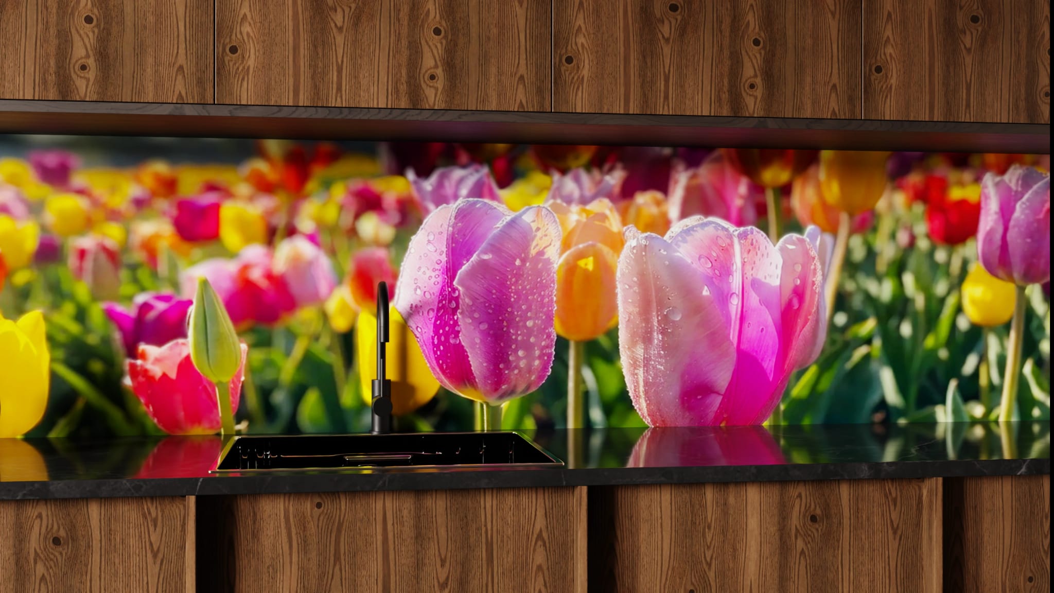 Küchenrückwand - Tulpen Bunt Regentropfen
