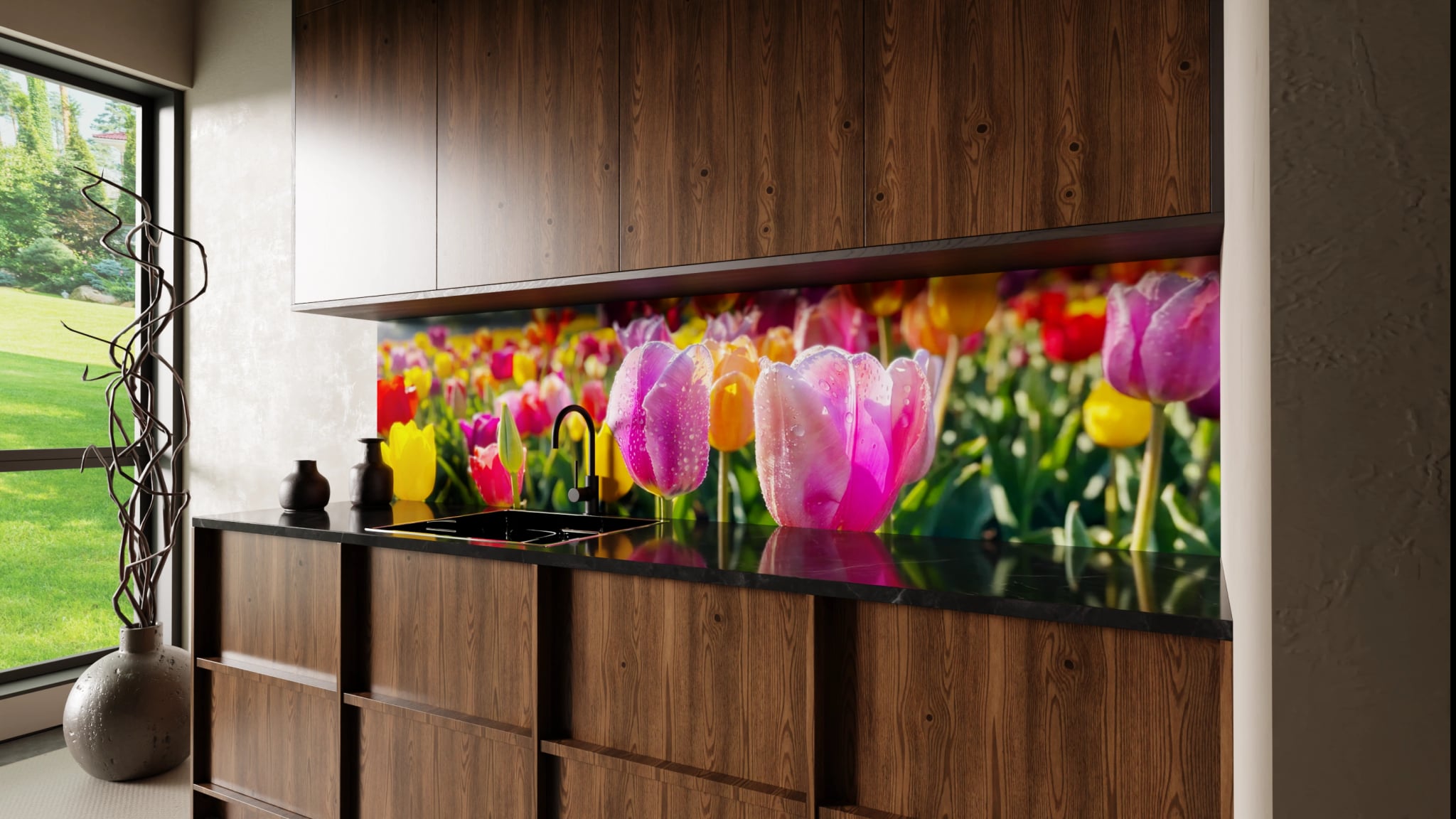 Küchenrückwand - Tulpen Bunt Regentropfen – Bild 2