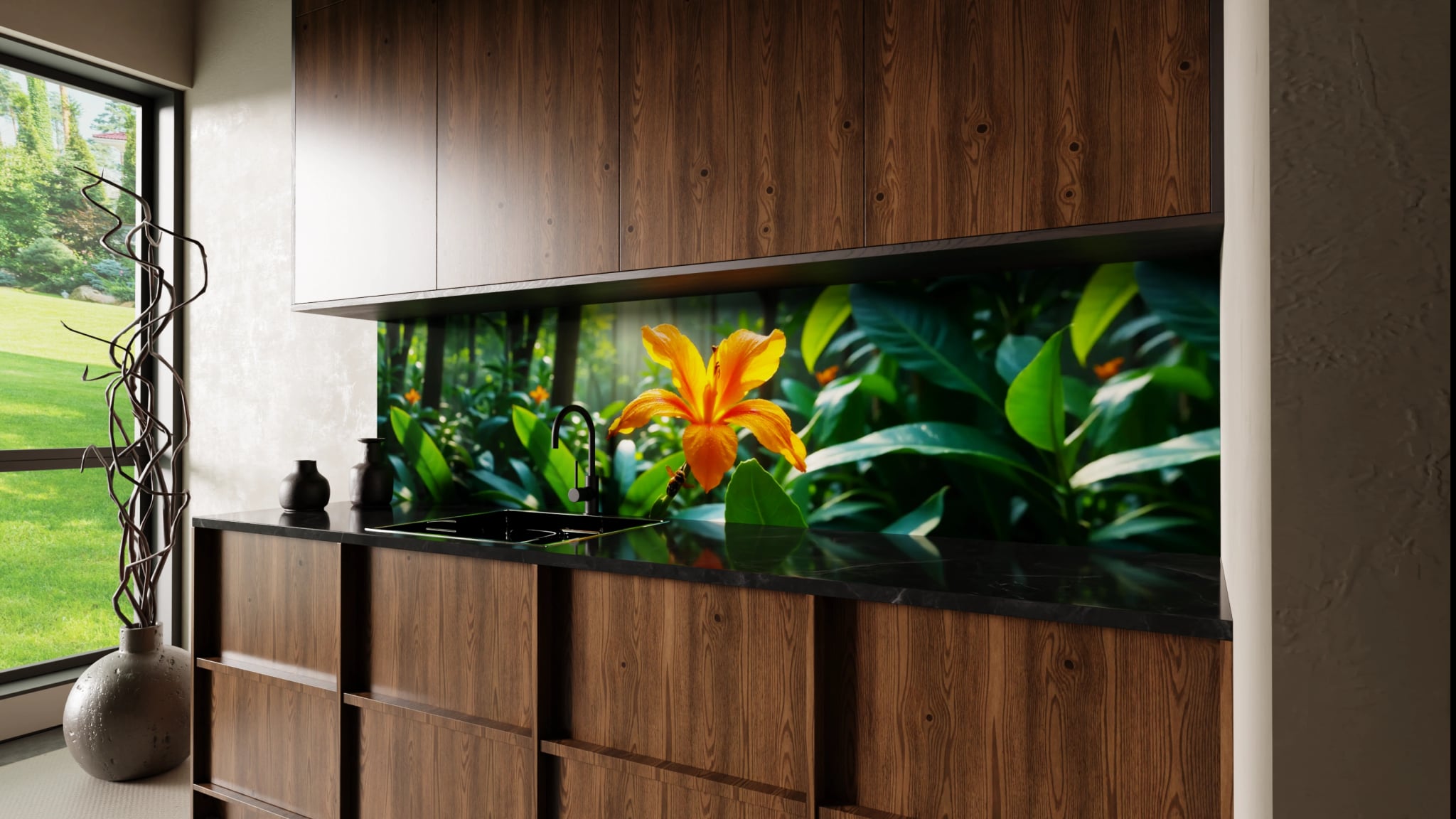 Küchenrückwand - Tropenblüte Orange Wald – Bild 2