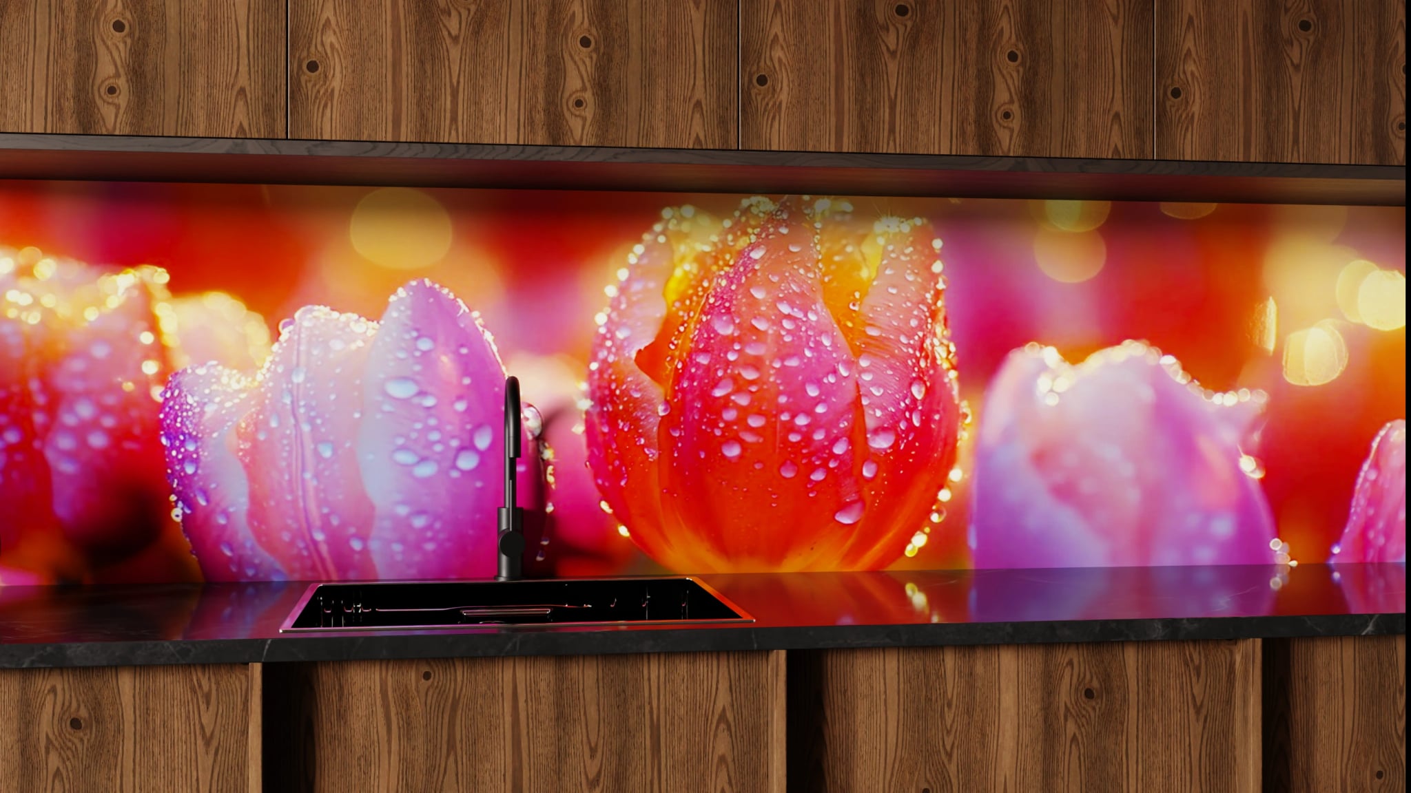 Küchenrückwand - Tulpen Lila Gold Bokeh – Bild 1