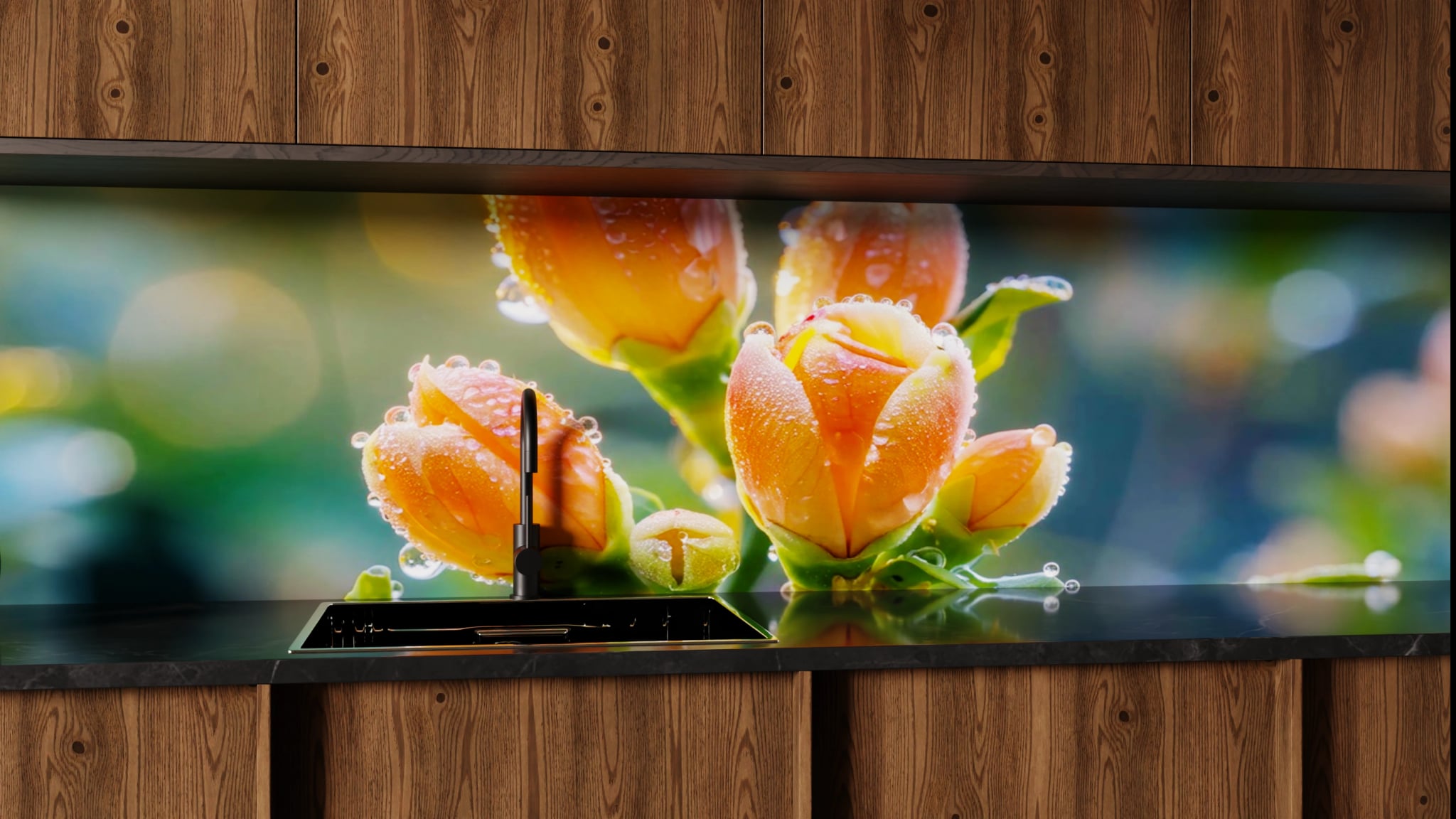 Küchenrückwand - Rosenknospen Pfirsich Tau – Bild 1