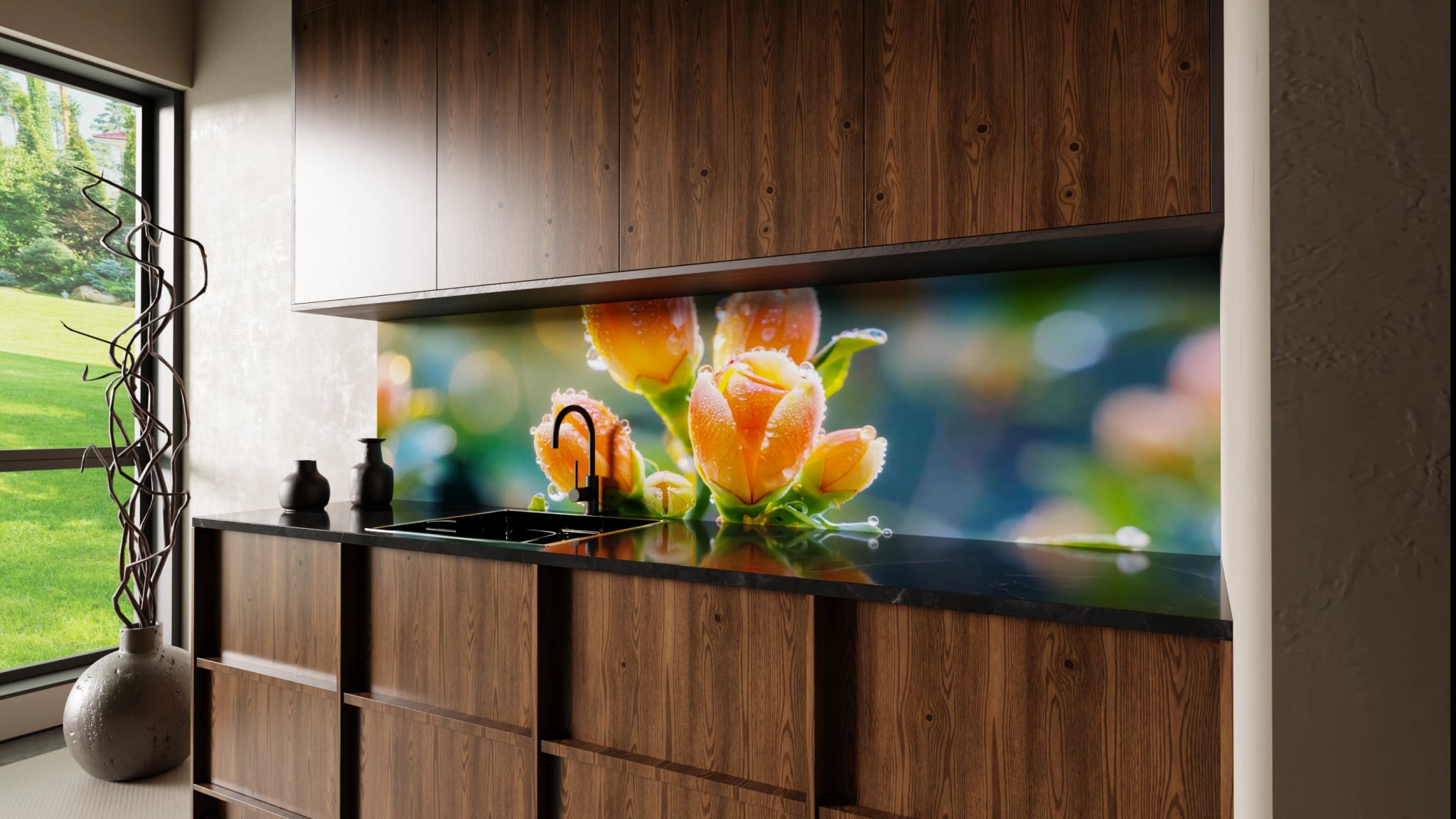 Küchenrückwand - Rosenknospen Pfirsich Tau – Bild 2