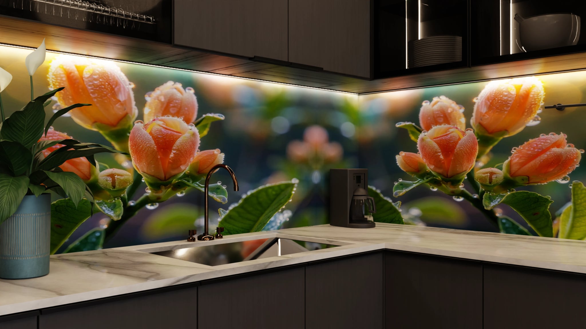 Küchenrückwand - Rosenknospen Pfirsich Tau – Bild 5
