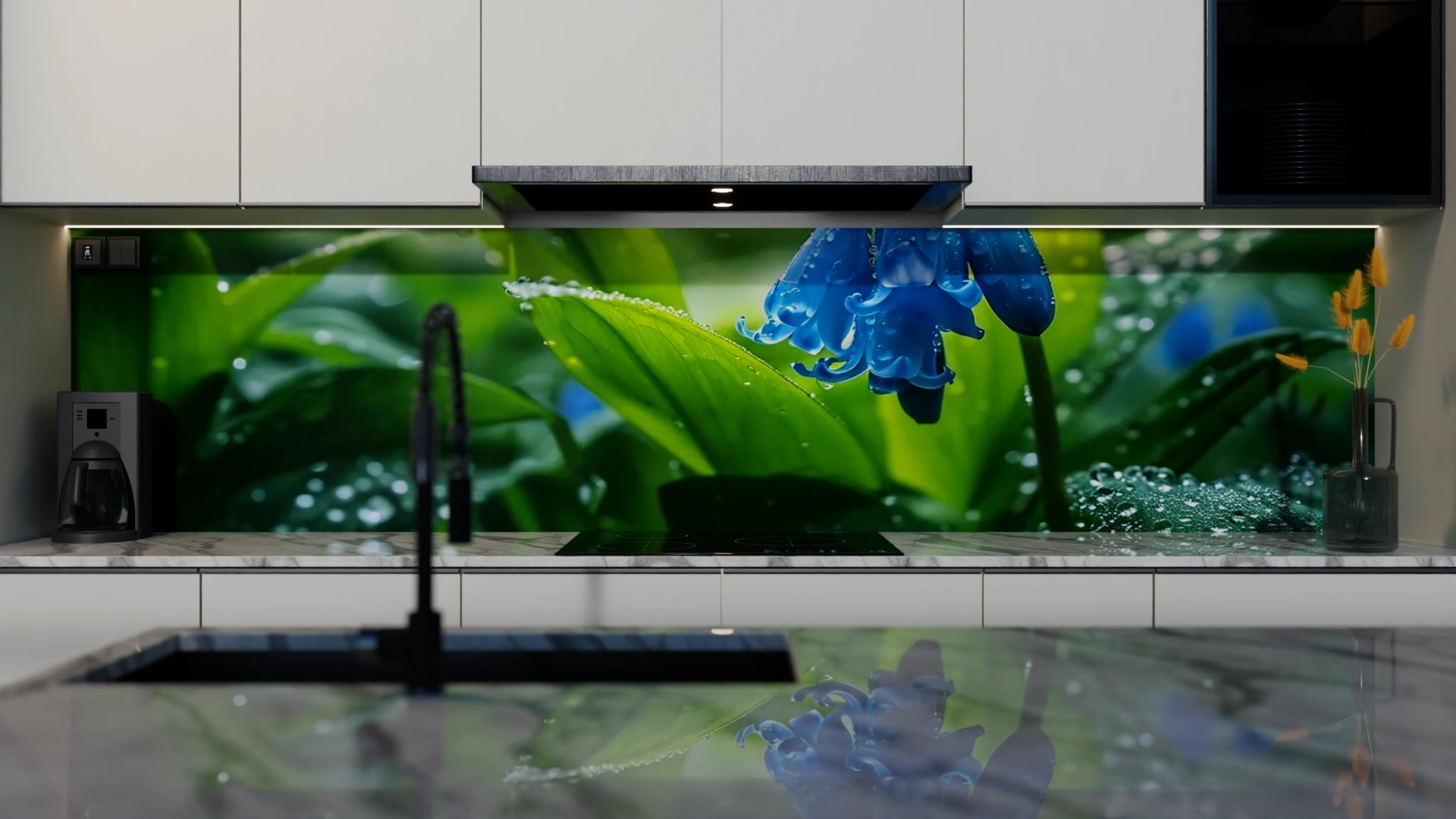 Küchenrückwand - Blauglocken Regentropfen Grün – Bild 4