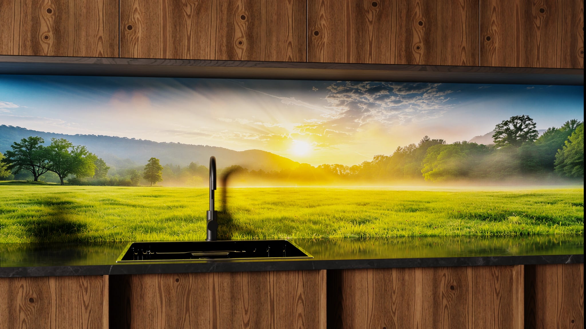 Küchenrückwand - Wiesenlandschaft Morgennebel – Bild 1