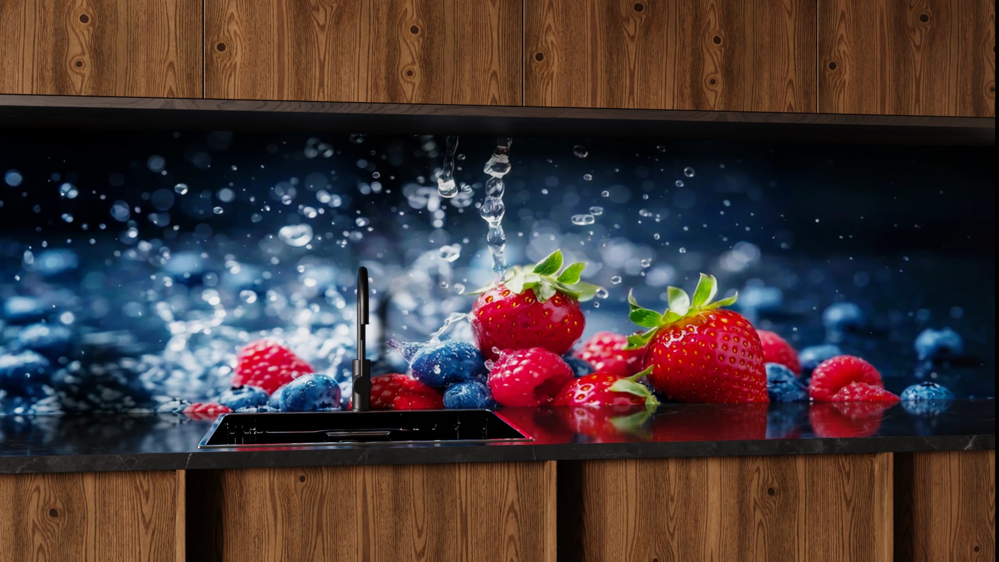 Küchenrückwand - Beeren Wasserspritzer Dunkel – Bild 1