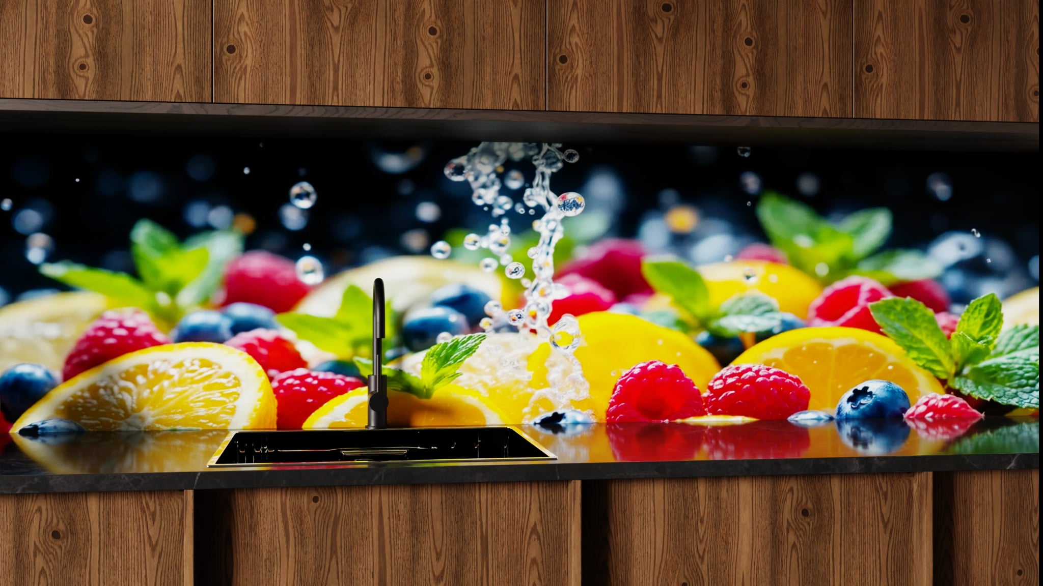 Küchenrückwand - Zitrone Beeren Wasserspritzer – Bild 1