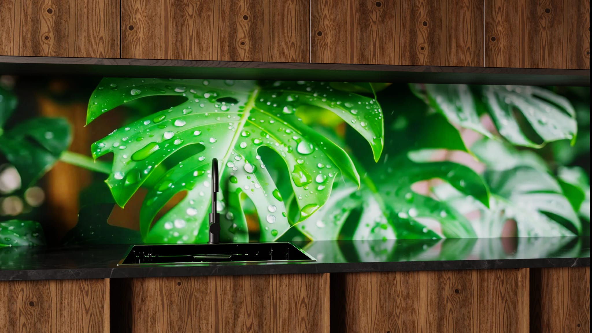 Küchenrückwand - Monstera Blatt Regentropfen