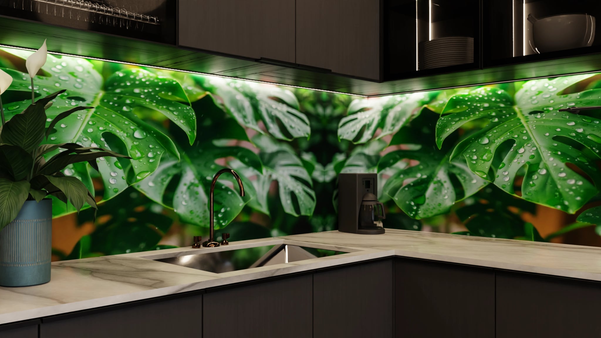 Küchenrückwand - Monstera Blatt Regentropfen – Bild 5
