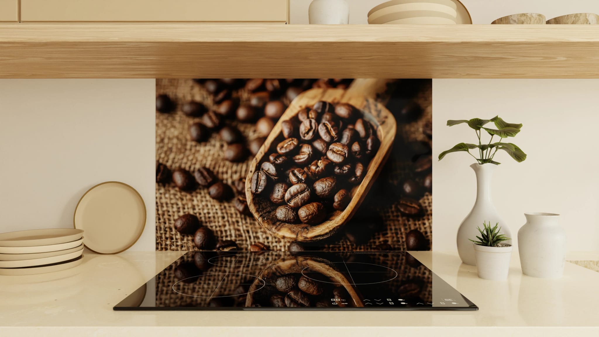 Spritzschutz - Kaffeebohnen Holzlöffel Jute