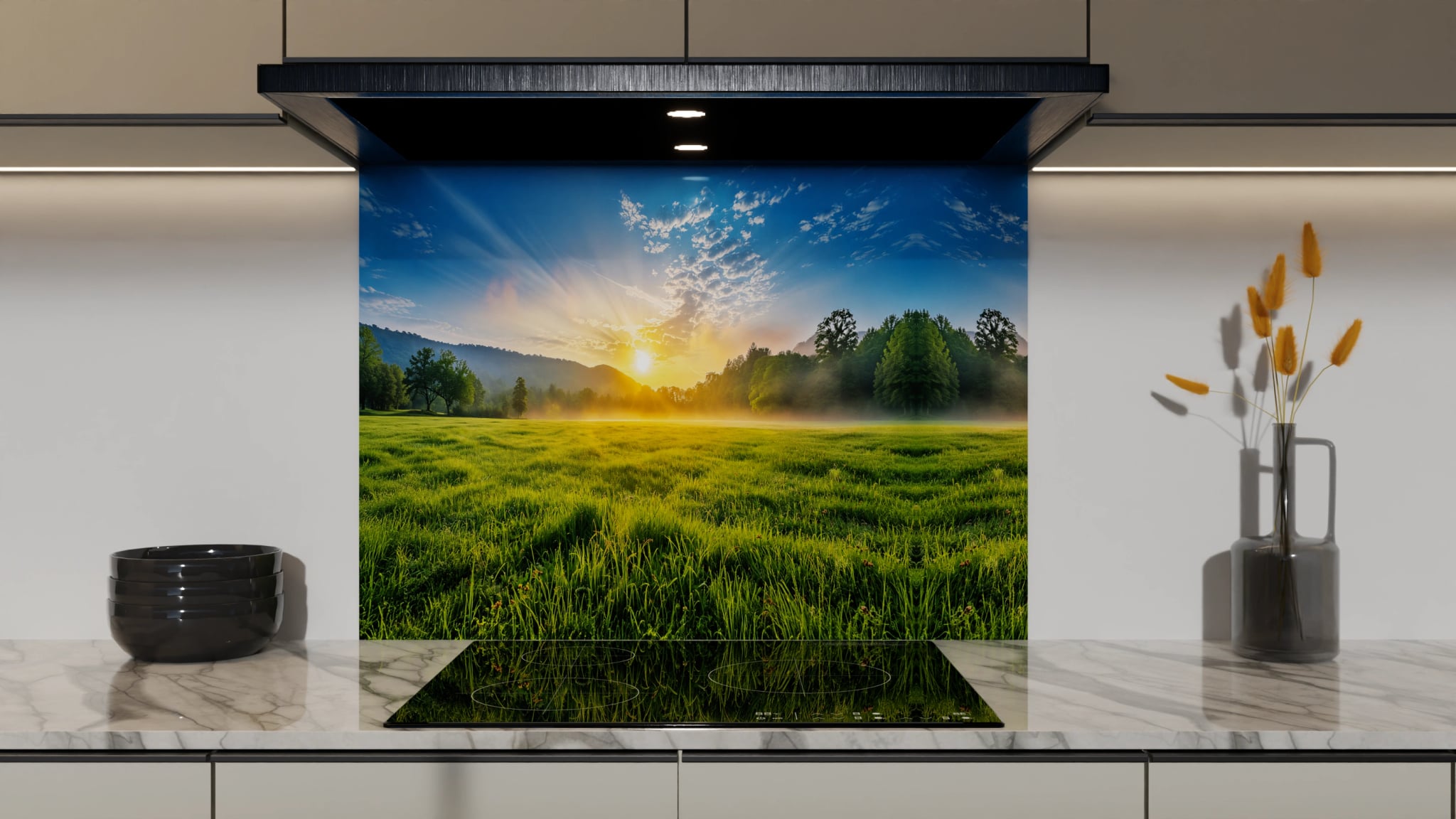 Spritzschutz - Wiesenlandschaft Morgennebel – Bild 5