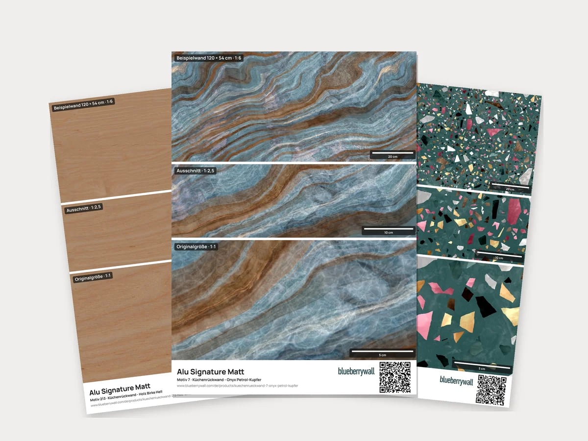 Drei Muster mit Beispielwand, Ausschnitt und Originalgröße: Holz, Onyx und Terrazzo